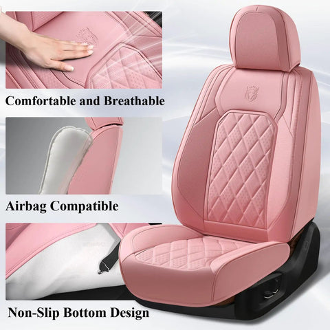 Pink Leather Car Seat Covers Full Set For Most Cars, Universal Waterproof Front And Back Seat Protector shown with close-up details