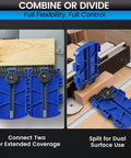 Shop Floor Safe Dual Leg Featherboard For Table Saws And Router Tables Anti Kickback Accessory With Flexible Arms Keep Material Locked Tight And Nail Perfect Cuts Every Single Time In Blue Two Pack shown connecting two pieces for extended coverage.