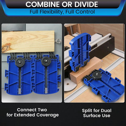 Shop Floor Safe Dual Leg Featherboard For Table Saws And Router Tables Anti Kickback Accessory With Flexible Arms Keep Material Locked Tight And Nail Perfect Cuts Every Single Time In Blue Two Pack shown connecting two pieces for extended coverage.