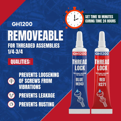 GH1200 thread lock for threaded assemblies and nuts, featuring medium strength thread locker to prevent loosening and rusting.