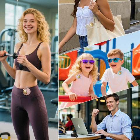 People using Ultra Light Clip On Bladeless USB Fan 360 Degree Rotatable 3 Speed Silent Mini Portable Fan for Travel Office and Outdoors 900mAh Battery Black and White in various settings
