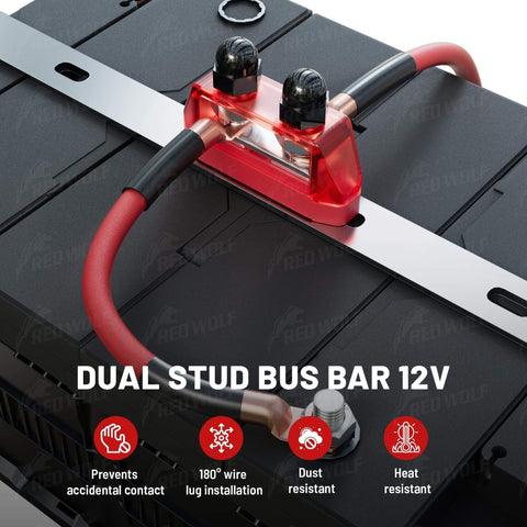 Beefy Dual Five Sixteenth Inch M8 Stud Bus Bar Power Distribution Block For 12-48V DC Systems 150A Max Battery Terminal Junction