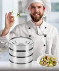 Chef holding sprout beside Stainless Steel 4 Tier Seed Sprouting Kit with Lid, 6 Inch Diameter, and base tray in a kitchen setting.