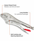 Five Piece Curved And Long Nose Locking Pliers Set With Wire Cutter Angled Teeth For Superior Grip Knurled Adjustment Screw With Hex Key Receiver For Quick Adjustments Heavy Duty Locking Pliers Kit showing nickel-plated finish and long handles.