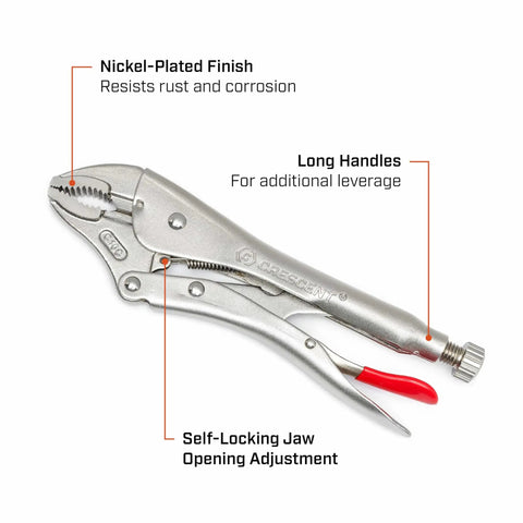 Five Piece Curved And Long Nose Locking Pliers Set With Wire Cutter Angled Teeth For Superior Grip Knurled Adjustment Screw With Hex Key Receiver For Quick Adjustments Heavy Duty Locking Pliers Kit showing nickel-plated finish and long handles.
