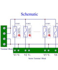 Schematic of Six Channel DC Power Fuse Distribution Strip Module with DIN Rail Mount showing fuse connections and terminals.
