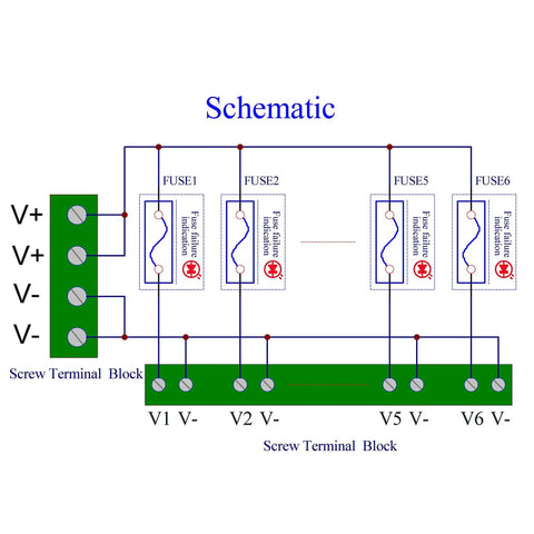 Schematic of Six Channel DC Power Fuse Distribution Strip Module with DIN Rail Mount showing fuse connections and terminals.