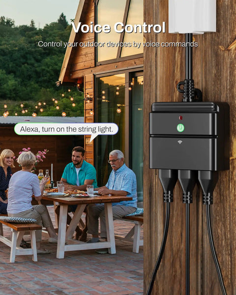 Outdoor Smart Plug With Timers And Countdown, Heavy Duty Weatherproof Outlet on wooden wall controlling patio lights, 2.4 GHz WiFi.