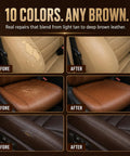 No Sweat Brown Leather And Vinyl Repair Kit Blends Dark Light Tan Chocolate Colors For Couch Sofa Chair Car Seat And Boots Effortless Invisible Diy Patch Fix Up Today showing before and after photos of leather seat repairs.