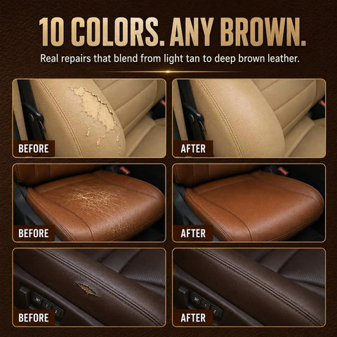No Sweat Brown Leather And Vinyl Repair Kit Blends Dark Light Tan Chocolate Colors For Couch Sofa Chair Car Seat And Boots Effortless Invisible Diy Patch Fix Up Today showing before and after photos of leather seat repairs.