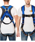 Back and front view of blue Fall Protection Five Point Safety Harness With Dorsal D Ring And Quick Connect Buckle Grommet Leg Straps Sewn In Back Pad OSHA And ANSI Compliant Personal Fall Arrest System Pro Grade Blue Universal Size worn by model.