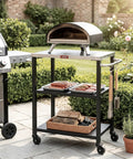 Three Tier Outdoor Grill Cart With Rolling Pizza Oven Table And Stainless Steel Top 26.6 By 16.1 Inches Heavy Duty Steel Stand For Pizza Ovens And Griddles Outdoor Bar Cart With S Hooks For Patio Parties Deck Dining And Camping with pizza oven and grill tools