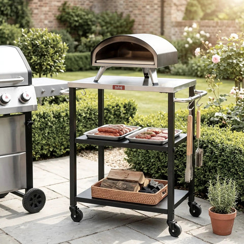 Three Tier Outdoor Grill Cart With Rolling Pizza Oven Table And Stainless Steel Top 26.6 By 16.1 Inches Heavy Duty Steel Stand For Pizza Ovens And Griddles Outdoor Bar Cart With S Hooks For Patio Parties Deck Dining And Camping with pizza oven and grill tools