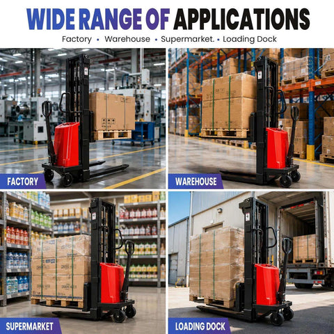 Heavy Duty Semi Electric Pallet Stacker Brings Built Different Capacity To Your Warehouse in factory, lifting loaded boxes.