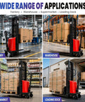 Heavy Duty Semi Electric Pallet Stacker 3300 Lb Heavy Hitter Capacity 48V Battery Powered at factory, warehouse, supermarket, loading dock.