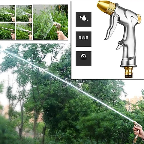 Heavy Duty Retractable Garden Hose Reel With Attached Fifty Meter Hose Wall Or Floor Mount solid metal spray nozzle in action watering plants.