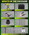 Grab And Go 110V Stick Welder With IGBT Inverter Five Level Adjustable Current 20 To 120A shown with accessories like goggles, carrying case, and helmet.