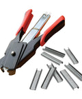 Spring Loaded Hog Ring Pliers Kit With 100 Galvanized Rings, Red And Black Handles, Heavy Duty Carbon Steel Construction