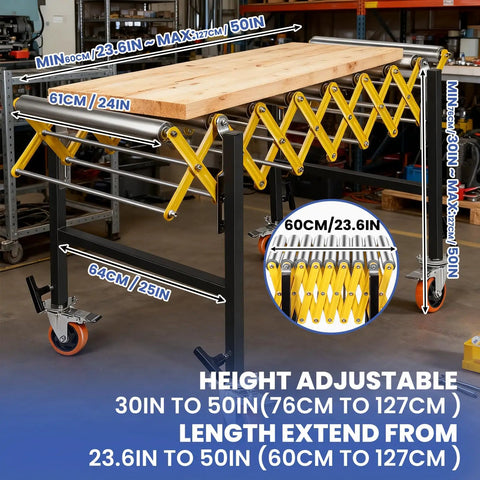 Heavy Duty 1250 Lb Expandable Conveyor Roller With Skate Wheels 24 Inch Wide adjustable height from 30 to 50 inches in workshop.