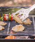 Six In One Folding Grill Utensils Set Featuring Fork Spatula Knife Tongs Bottle Opener And Corkscrew For Fourteen Inch Portable Backyard BBQ And Camping Gear grilling chicken and vegetables