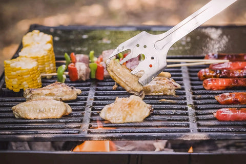 Six In One Folding Grill Utensils Set Featuring Fork Spatula Knife Tongs Bottle Opener And Corkscrew For Fourteen Inch Portable Backyard BBQ And Camping Gear grilling chicken and vegetables