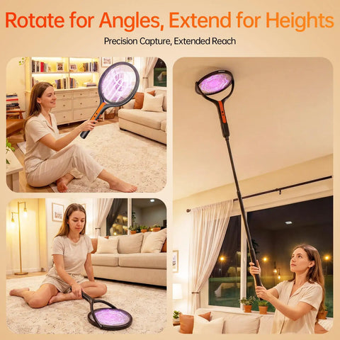 Three In One Rechargeable Electric Fly Swatter With 4200V Bug Zapper, Telescopic Extension, 360 Degree Rotating Head in use indoors