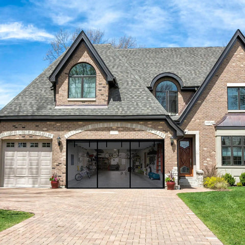 House with open garage featuring Magnetic Double Garage Screen Door For Two Car Garages, 16x7 Feet, Reinforced Self-Sealing Fiberglass Mesh