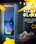 Toilet Bowl Night Light With Motion Sensor And Multicolor LED illuminating bathroom for a child, woman sleeping peacefully in bedroom