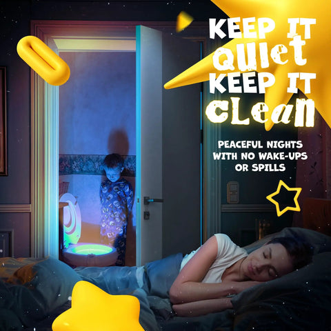 Toilet Bowl Night Light With Motion Sensor And Multicolor LED illuminating bathroom for a child, woman sleeping peacefully in bedroom