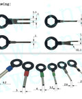 Essential 18-Piece Auto Terminals Removal Tool Kit With Connector Pin Release Key for detailed tool dimensions and designs.