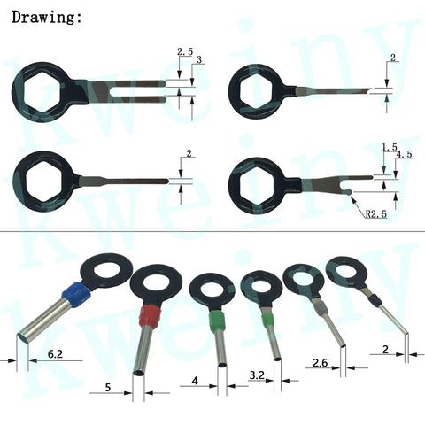 Essential 18-Piece Auto Terminals Removal Tool Kit With Connector Pin Release Key for detailed tool dimensions and designs.