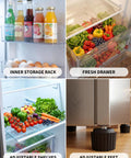 Knock Out 11 Cubic Foot Upright Freezer That Flips Into A Fridge inner storage rack, fresh drawer, adjustable shelves, and feet.
