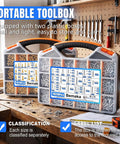 Nuts And Bolts Fastener Kit With Dual Storage Boxes 3334 Piece Assortment Including 1920 Stainless Steel Phillips Pan Head Screws And 1414 Grade 8.8 Hex Bolts For Pro Grade Jobs Covers Metric M3 To M8 And SAE Threads Like 6 32 8 32 10 24 1 Quarter Inch., dual plastic storage boxes on workbench with labeled compartments