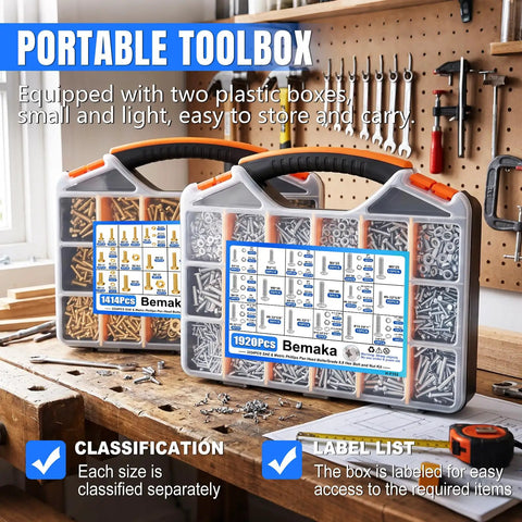 Nuts And Bolts Fastener Kit With Dual Storage Boxes 3334 Piece Assortment Including 1920 Stainless Steel Phillips Pan Head Screws And 1414 Grade 8.8 Hex Bolts For Pro Grade Jobs Covers Metric M3 To M8 And SAE Threads Like 6 32 8 32 10 24 1 Quarter Inch., dual plastic storage boxes on workbench with labeled compartments