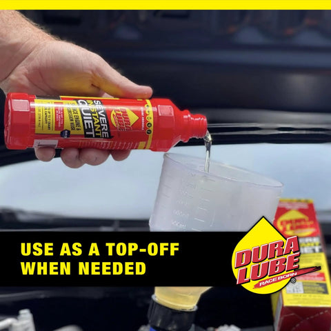 Severe Instant Quiet Lubricant For Engine Transmission And Power Steering Kills Knocks And Ticks Reduces Friction Prevents Wear Ideal For High Mileage Cars 8 Oz Bottle 6 Pack, pouring into measuring cup