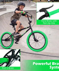 Boy riding 20 Inch Freestyle BMX Bike for Beginners With 360 Degree Handlebar, 4 Pegs, U Brake, Adjustable Seat, Stunt Ready Green