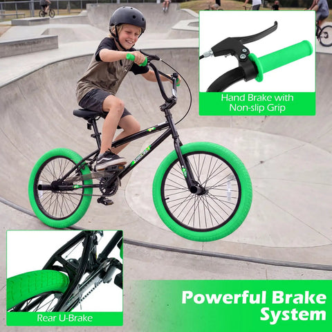 Boy riding 20 Inch Freestyle BMX Bike for Beginners With 360 Degree Handlebar, 4 Pegs, U Brake, Adjustable Seat, Stunt Ready Green