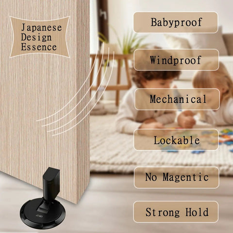 No Magnetic Door Stopper With Mechanical Lock, Adjustable Indoor Door Holder displayed next to sliding door in living room
