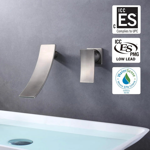 Wall Mount Waterfall Bathroom Faucet In Brass Chrome Finish With Solid Brass Body, Smooth Flow 1.2 GPM installed above a sink