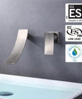 Wall Mount Bathroom Faucet With Waterfall Spout In Brushed Nickel, Single Handle Sink Faucet next to basin, ICC-ES PMG Certified badges