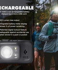 Rechargeable Spot 400-R Headlamp with hikers in forest showing dimmable bright beam and features