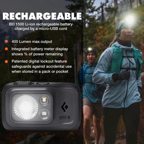 Rechargeable Spot 400-R Headlamp with hikers in forest showing dimmable bright beam and features