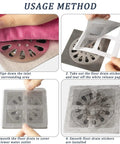 Usage method for Nukinp Disposable Hair Drain Stickers, showing installation steps for 4x4 fiberglass drain covers.