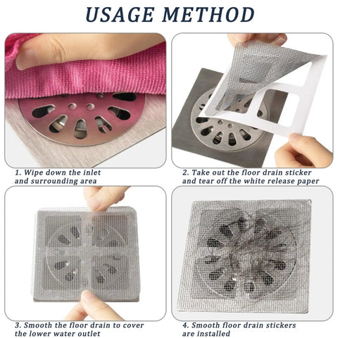 Usage method for Nukinp Disposable Hair Drain Stickers, showing installation steps for 4x4 fiberglass drain covers.
