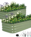 Two green modular raised planter boxes filled with flowers, part of the Three In One Galvanized Raised Garden Bed Kit, 4 By 2 By 1 Feet, Two Pack