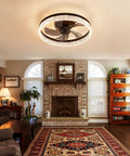 Low Profile Flush Mount Ceiling Fan With Light And Remote Black Round Bladeless Ceiling Fan For Small Rooms 30W LED Light 19.7 Inch Span Modern Round Design Ideal For Kid Friendly Rooms Bedrooms Dining Areas And Home Office in cozy living room setting, mounted on ceiling, showcasing modern style.