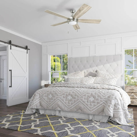Ventnor 52 Inch Modern Farmhouse Ceiling Fan With LED Light Pull Chain Three Mounting Options Dual Finish Blades Brushed Nickel