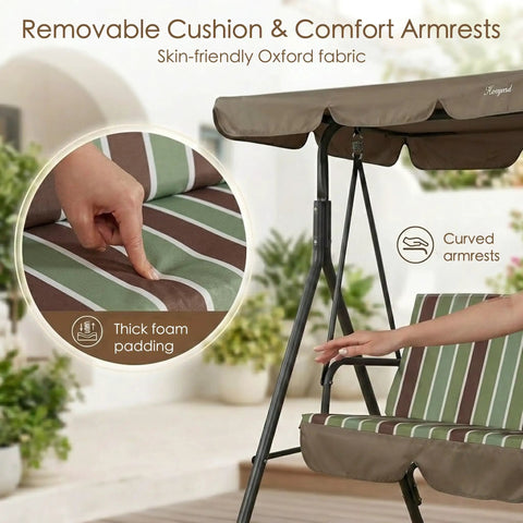 Three Seat Outdoor Patio Swing With Adjustable Canopy Heavy Duty Steel Frame Weather Resistant Build Removable Cushions For Porch Patio Garden Or Poolside Lime Stripe Lounge Setup showing close-up on armrest and cushion