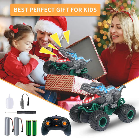 Smiling family opening Monster Dinosaur Remote Control Car with 2.4 GHz Radio, LED mouth lights, and water spray at Christmas.