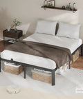 Dead Silent Metal King Size Bed Frame With Attached Headboard, 14 Inch Built Tough Steel Platform Base featuring a cozy bedding arrangement.